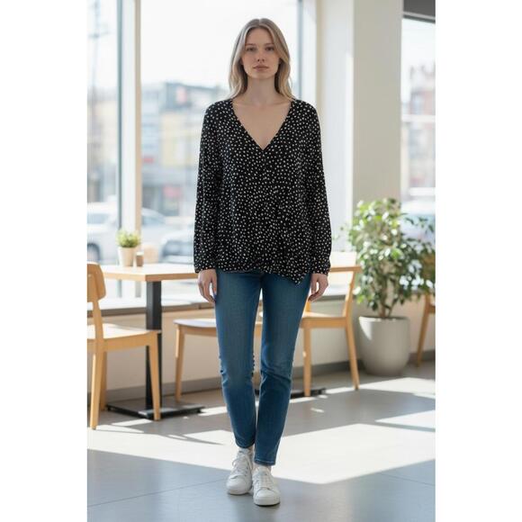 Cable & Gauge Tops - Black and White Polka Dot Long Sleeve Wrap Top for Women Size Large